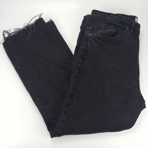 Zara Logo Straight Leg Distressed Hem Black Denim Jeans Women's Size 12 - Picture 1 of 5